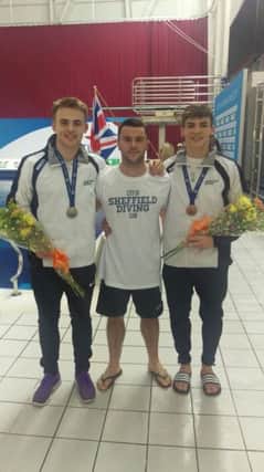 Left to rght: Jack Haslam. City of Sheffield Diving head coach Tom Owens and  Ross Haslam