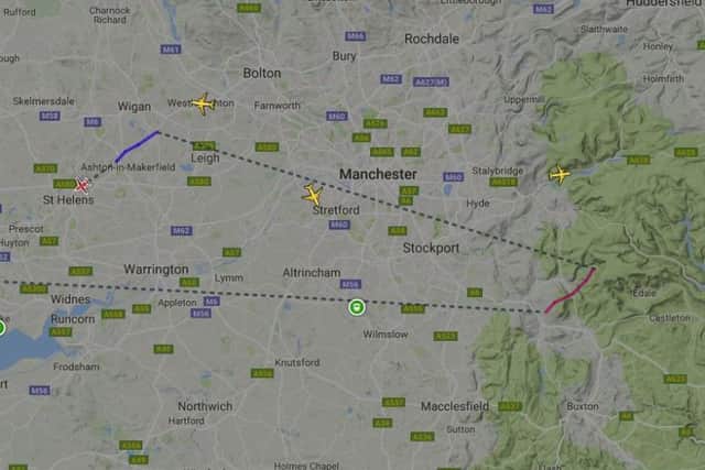The plane's route over the Peak District. (Photo: Planefinder.net).