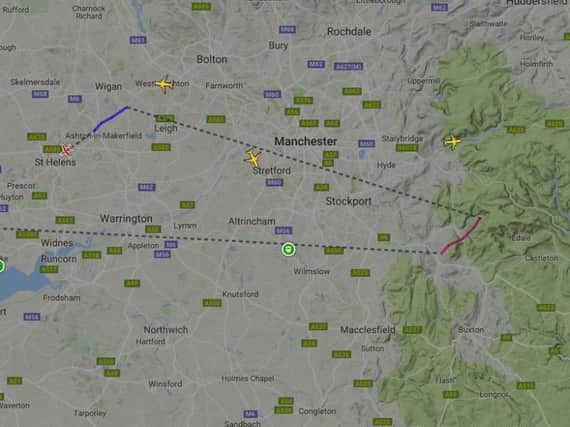 The plane's route over the Peak District. (Photo: Planefinder.net).