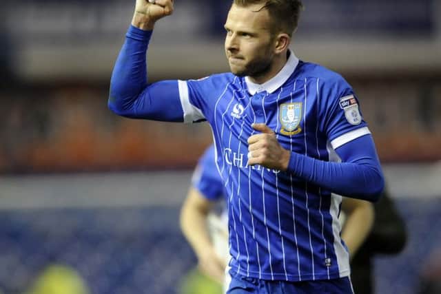 Victory salute from Jordan Rhodes at the final whistle....Pic Steve Ellis