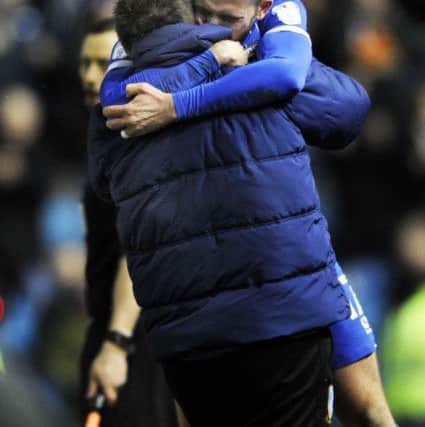 Jordan Rhodes goal embraces his dad Andy after scoring on his home debut