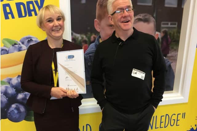 Headteacher Rachael Colquhoun and Ian McMillan