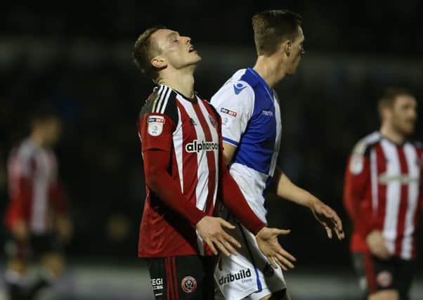 Caolan Lavery shows his frustration during the Blades 0-0 draw at Bristol Rovers Simon Bellis/Sportimage