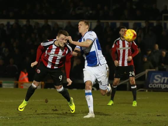 Caolan Lavery heads towards goal in Sheffield United's 0-0 draw at Bristol City