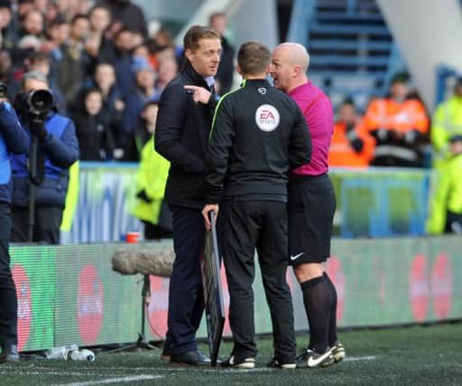 5 February 2017......   Huddersfield Town v Leeds United. Picture Tony Johnson.
Referee Simon Hooper sends Garry monk to the stands after a coming together  with Terriers boss David Wagner