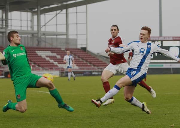 Picture by Gareth Williams/AHPIX.com. Football, Sky Bet League One; 
Northampton Town v Chesterfield; 11/02/2017 KO 3.00pm;  
Sixfields Stadium;
copyright picture;Howard Roe/AHPIX.com
Town keeper Adam Smith denies Chesterfield's Jon Nolan