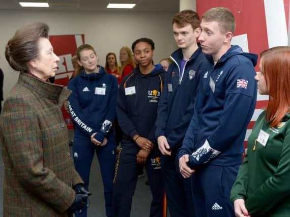 Princess Anne meets Olympic swimmer Max Litchfield and other athletes competing at the BUCS Nationals in Sheffield (Capture the Event)