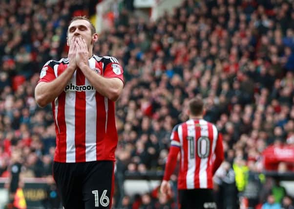 James Hanson of Sheffield Utd reacts to a missed chance against Scunthorpe. Pic: Simon Bellis/Sportimage