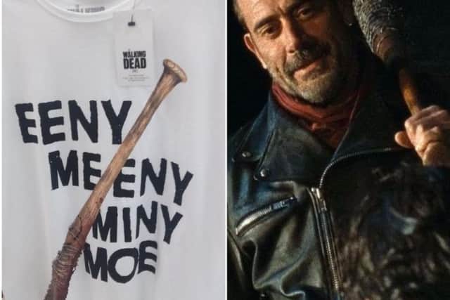 The "racist" t-shirt and Negan from The Walking Dead.
