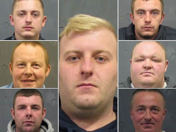 The jailed gang members: Simon Evans (centre), of Handsworth, Bradley Ellis (top left), of Swallownest, Darren Keeton (middle left), of Manor, Aaron Wood, Peter Houghton (bottom left) Arbourthorne, (top right), of Arbourthorne, Gavin Critchley (middle right), of Waterthorpe, and Andrew Roberts (bottom right) of Middlewood