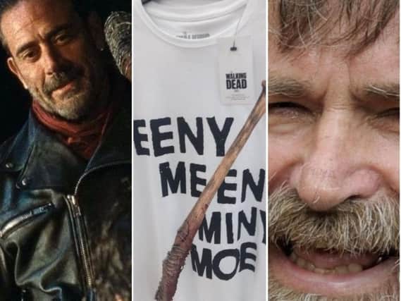 The t-shirt which Mr Lucraft (right) says is racist and Walking Dead character Negan, who inspired the garment.