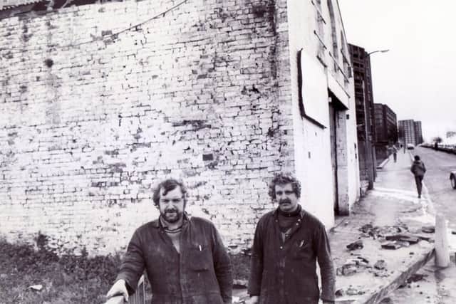 Picture shows the roof of Five Ways Garage, South Street, Sheffield, which blew off in the gale - 15 December 1982
Pictured are two of the men who were in the garage - left to right John Kettle and Steve Palmer -