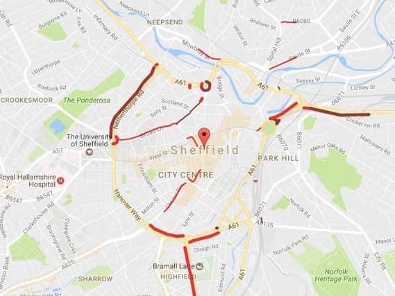 The picture on Sheffield's roads at 4.30pm, courtesy of the AA's travel checker, with red lines indicating queuing and slow-moving traffic