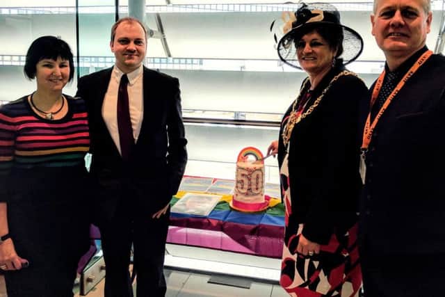 Sheffield's lord mayor Denise Fox cuts the 50th anniversary cake at the Millennium Gallery with Councillor Jack Scott, SAYiT chief executive Steve Slack and Kate Flannery, from Friends of Edward Carpenter