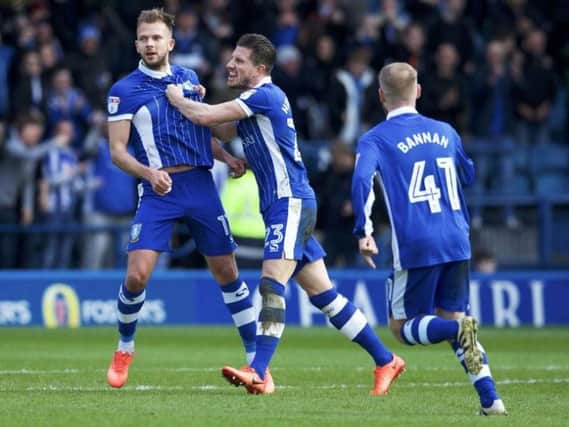 Jordan Rhodes celebrates his first goal of the day