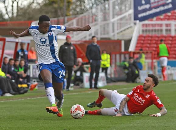 Picture by Gareth Williams/AHPIX.com. Football, Sky Bet League One; 
Swindon Town v Chesterfield; 04/03/2017 KO 3.00pm;  
County Ground; copyright picture;Howard Roe/AHPIX.com
Spirites Osman Kakay skips away from a challenge from Swindon's Brandon Ormonde-Ottewill