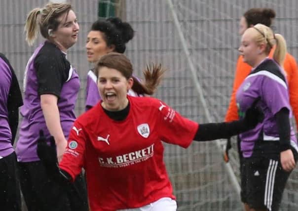A delighted Kayleigh Fitzpatrick, on her birthday, after making it 2-0 direct from a free kick for Barnsley Development v Mexborough Athletic. Photo: Julian Barker
