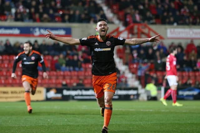 Sheffield United's Jay O'Shea celebrates scoring his side's third goal. Pic David Klein/Sportimage