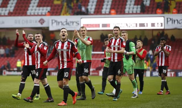 Billy Sharp  leads the end of match celebrations after Sheffield United's 2-1 win over Charlton on Saturday. PIC Simon Bellis/Sportimage