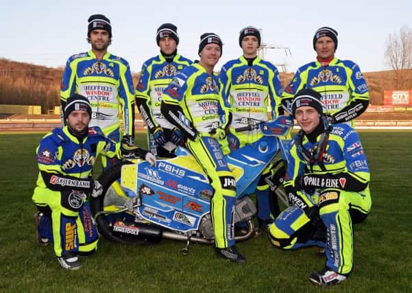 Sheffield Tigers  L-R Lasse Bjerre, Todd Kurtz, Robert Branford, captain Kyle Howarth, Josh Bates, Jack Parkinson-Blackburn and Josh Grajczonek, pictured, during the Press and Play day at Owlerton Stadium. Picture: Marie Caley