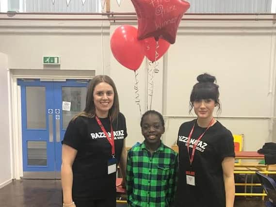 Alan Matam, won first place at Pipworth Schools Got Talent and was awarded a scholarship to attend Razzamataz Sheffield with principal Helen Bell and teacher Claudia Dawe