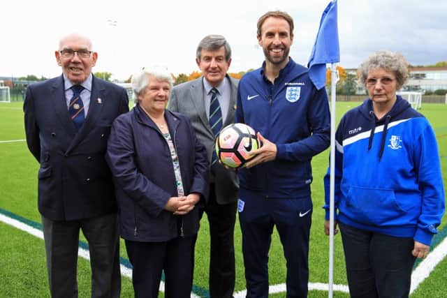Interim England Manager Gareth Southgate visited the new St George's Park Graves Parklife football hub in Sheffield and met four Sheffield grassroots heroes Sheila Allesbrook, Robin Beyon, Brian Gould, and Anne Holland. Picture: Chris Etchells