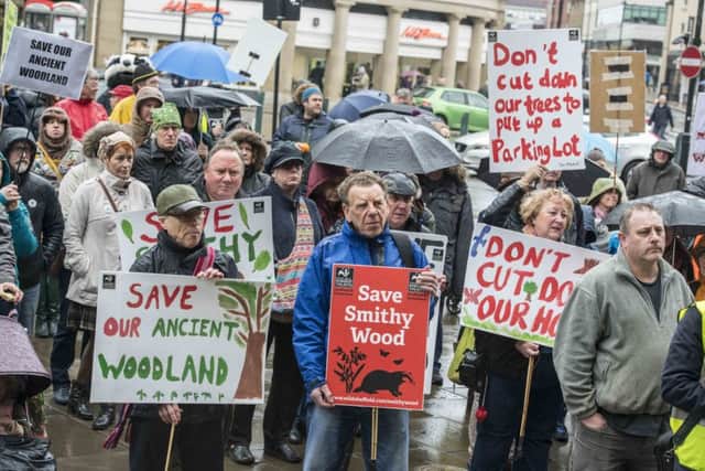 A protest aganist the Smithy Wood plans outside Sheffield Town Hall.