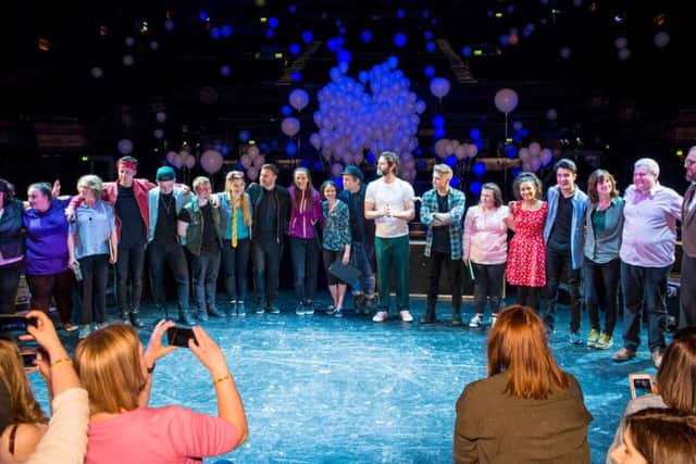 Take That and the cast of their musical, The Band, including TVtalent show winners, Five to Five