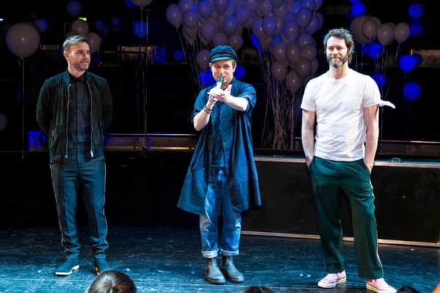 Take That stars Gary Barlow, Mark Owen and Howard Donald at Manchester Apollo for the launch of their new musical, The Band