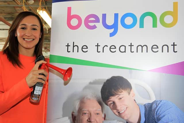 And they're off! Olympic legend Dame Jessica Ennis-Hill blasts an air horn to launch Weston Park Cancer Charity's 500k Beyond The Treatment appeal.  Photo: Chris Etchells