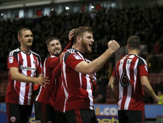 Jack OConnell of Sheffield Utd celebrates his goal during the English League One match at Bramall Lane - Simon Bellis/Sportimage