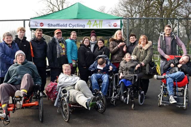 Sheffield Cycling 4 All launch the first sessionsof 2017 at Hillsborough Park. Caroline Waugh, cycling 4 all co-chair, Emily Morton, Disability Sheffield Chief Executive and Steve Marsden, Cycle Trainer, pictured with others who attended the launch. Picture: Marie Caley NSST Cycling 4 All  MC 1