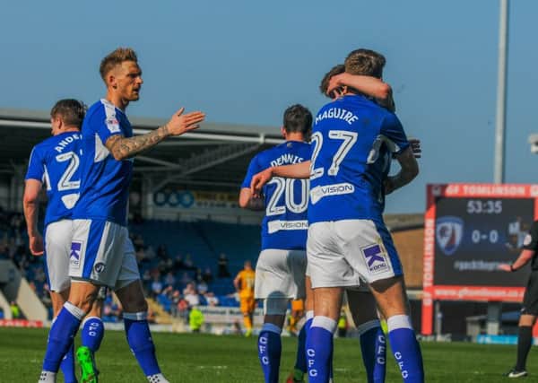 Chesterfield's defender Laurence Maguire (27) hugs Chesterfield's forward Joe Rowley (39).

Picture by Stephen Buckley/AHPIX.com. Football, League 1, Chesterfield v Port Vale; 08/04/2017 KO 3.00pm 
Proact stadium; copyright picture; Howard Roe; 07973 739229