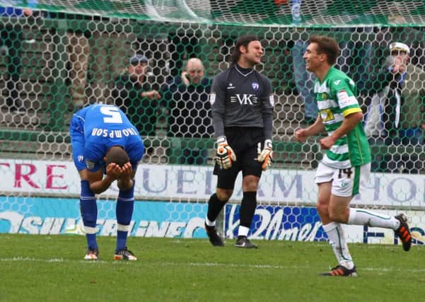 Josh Thompson and Tommy Lee show their despair after Yeovil equalise by Tina Jenner