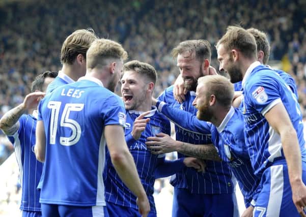Scorer Gary Hooper celebrates with his team mates after scoring against Derby on Saturday.....Pic Steve Ellis