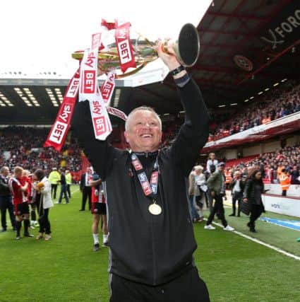 Sheffield United's Chris Wilder celebrates with the trophy. Pic David Klein/Sportimage