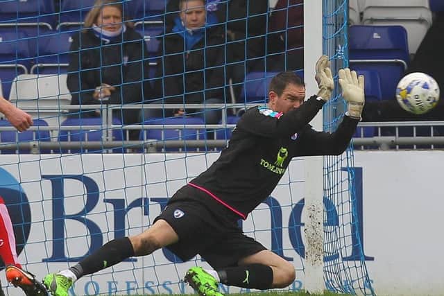 Picture by Gareth Williams/AHPIX.com. Football, Sky Bet League One; Bristol Rovers v Chesterfield; 18/03/2017 KO 3.00pm;  The Memorial Stadium;copyright picture;Howard Roe/AHPIX.comChesterfield keeper Thorsten Stuckmann beats away an effort from Rovers' Rory Gaffney