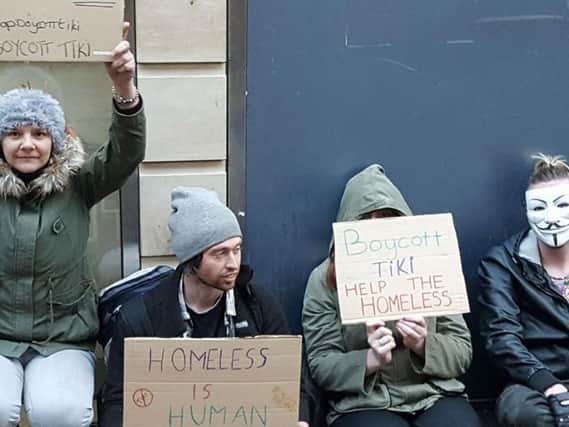 Protesters have targeted a Doncaster town centre bar today, over claims the owner threw a bucket of hot water and bleach over a group of homeless people begging outside his pub. Picture courtesy of Fightback Doncaster