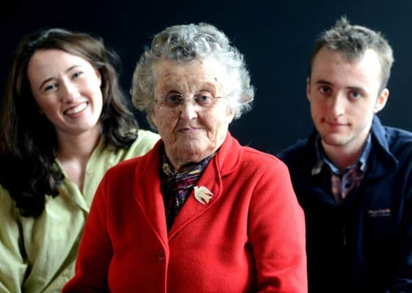 8 May 2017.............. A history project charting the stories of Jewish people living in Yorkshire has been launched at Sheffield University. Pictured is Sue Pearson, who was part of the Kinder Transport, with her two interviewers, students Olivia Rawbone and Edward Williamson. Picture Scott Merrylees