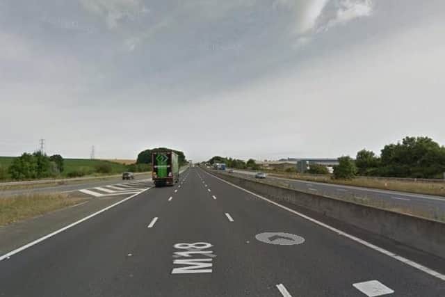 The M18 between junctions one and two. Google maps