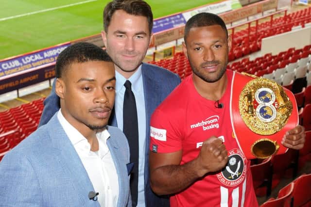 Kell Brook and Errol Spence at Bramall Lane, with promoter Eddie Hearn