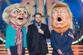 Comic Jason Manford with Bigheads contestants dressed as Theresa May and Donald Trump. (Photo: ITV).