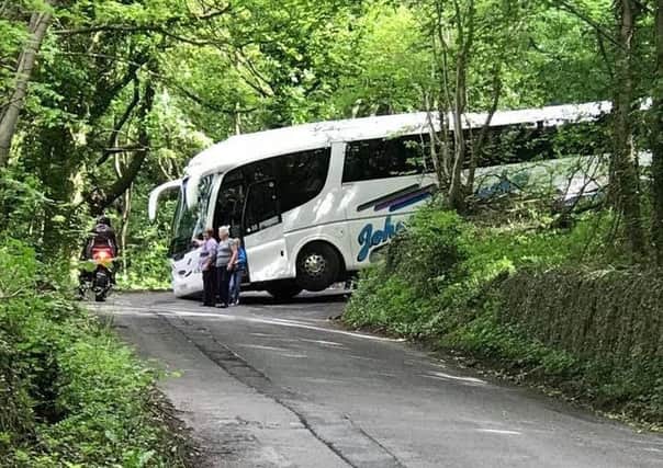 Pictured is a coach which became trapped at Owler Bar after misjudging the gradient at a tight junction, on Sunday, May 21. Picture supplied courtesy of a reader.