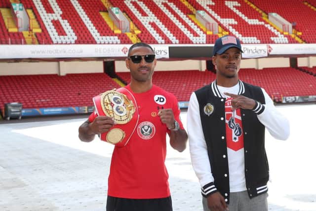 Kell Brook and Errol Spence Jnr on the pitch at Bramall Lane ahead of their bout on Saturday night