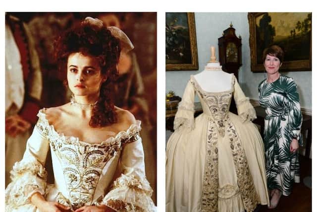 Helena Bonham Carter in 1994 horror classic Mary Shelly's Frankenstein - and he 'bride of Frankenstein' dress with Barnsley Museums Exhibitions Officer Alison Cooper.