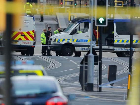 The scene of the horrific terror attack in Manchester on Monday night in which 22 people visiting Manchester Arena for an Ariana Grande concertwere killed and dozens more were injured.