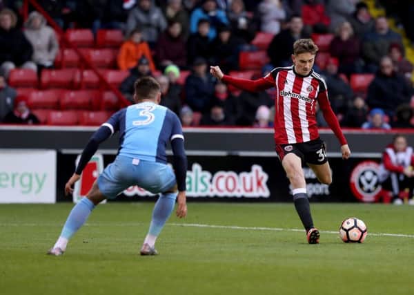 David Brooks of Sheffield United takes at shot on goal during the Emirates FA Cup Round One match at Bramall Lane Stadium, Sheffield. Picture date: November 6th, 2016. Pic Simon Bellis/Sportimage