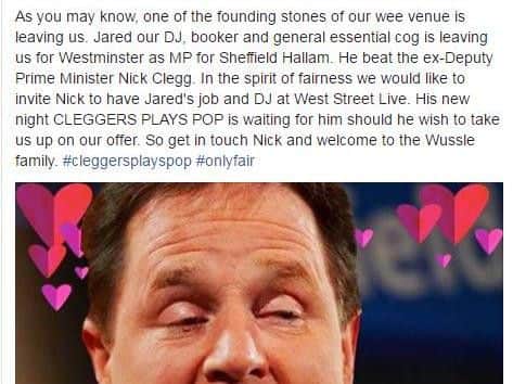 The job offered was accompanied on Facebook by a photo of a very glum-looking Nick Clegg