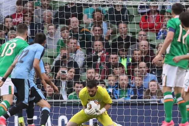 Keiren Westwood makes a save in the Republic of Ireland's friendly with Uruguay in Dublin. PIC: Press Association