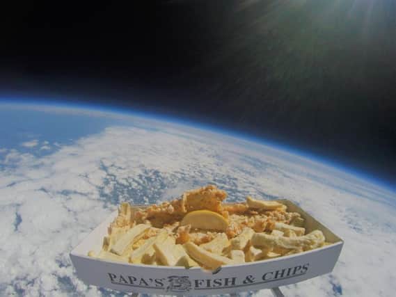 The fish and chips floating in space.